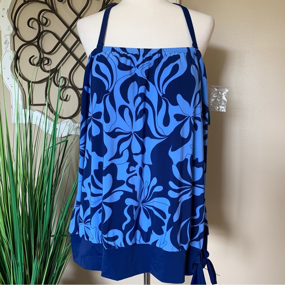 NWT BAL HARBOUR Size 3X Blue Blouson Tankini Swimsuit Top with Removable Strap